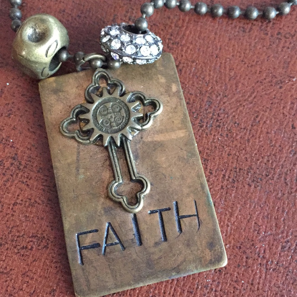 Faith aged bronze necklace with beads VGUC
